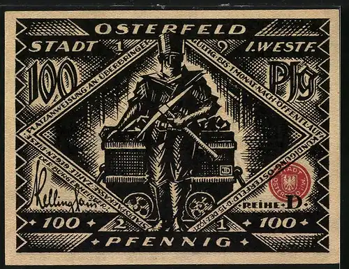 Notgeld Osterfeld i. W. 1921, 100 Pfennig, Männer erwachen zum Kerzenschein, Bergmann