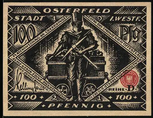 Notgeld Osterfeld i. W. 1921, 100 Pfennig, Bergmann mit Spitzhacke, Mann erwacht im Bett