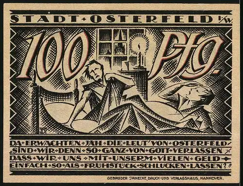 Notgeld Osterfeld i. W. 1921, 100 Pfennig, Bergmann mit Spitzhacke, Mann erwacht im Bett