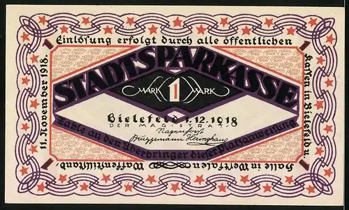 Notgeld Bielefeld 1918, 1 Mark, Soldat springt über Kamerad