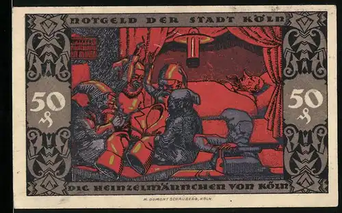 Notgeld Köln 1922, 50 Pfennig, Heinzelmännchen beim Sticken