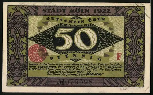 Notgeld Köln 1922, 50 Pfennig, Heinzelmännchen beim Sticken