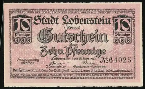 Notgeld Lobenstein 1919, 10 Pfennig, Stadt mit Burgturm