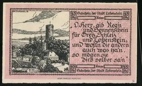 Notgeld Lobenstein 1919, 10 Pfennig, Stadt mit Burgturm