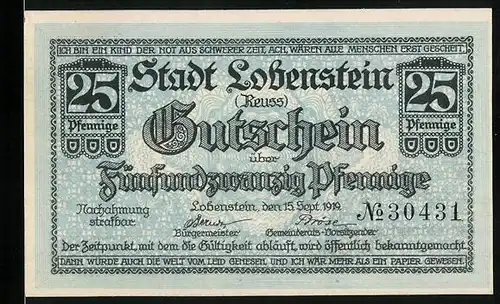 Notgeld Lobenstein 1919, 25 Pfennig, Ortsansicht mit Burgturm