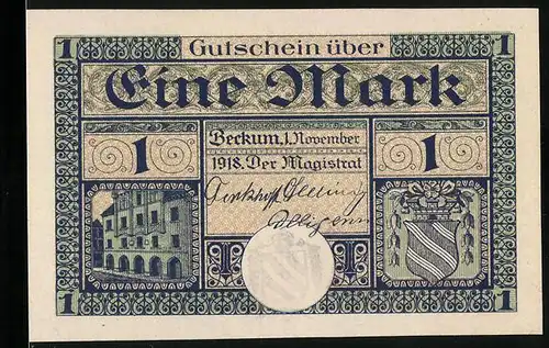 Notgeld Beckum 1918, 1 Mark, De Bieckumer Raothues-Püt