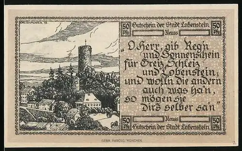 Notgeld Lobenstein 1919, 50 Pfennig, Ansicht der Burg