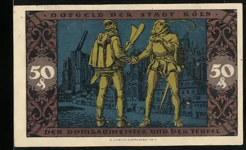 Notgeld Köln 1922, 50 Pfennig, Der Dombaumeister und der Teufel geben sich die Hand
