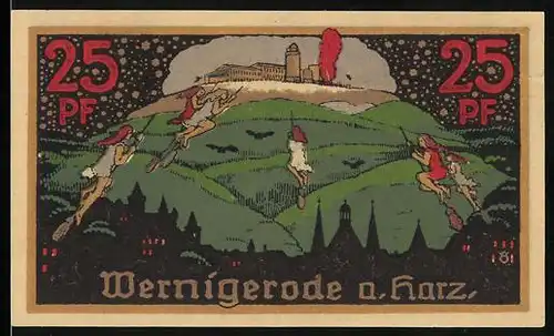 Notgeld Wernigerode a. Harz 1920, 25 Pfennig, Hexen fliegen auf ihren Besen