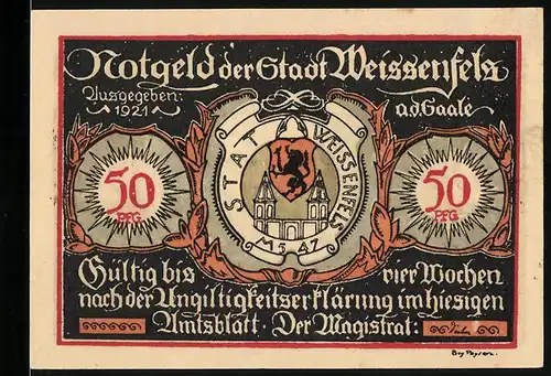 Notgeld Weissenfels 1921, 50 Pfennig, Wappen, Schuhwarenhandel Ausverkauf