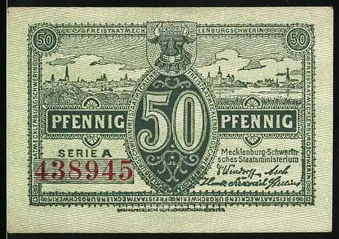Notgeld Mecklenburg-Schwerin 1922, 50 Pfennig, Staatsministerium, Wappen mit Ochsen