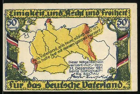 Notgeld Soltau 1921, 50 Pfennig, Landkarte Deutsches Reich, Statue