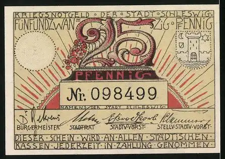 Notgeld Schleswig, 25 Pfennig, Ortsansicht mit Kirche