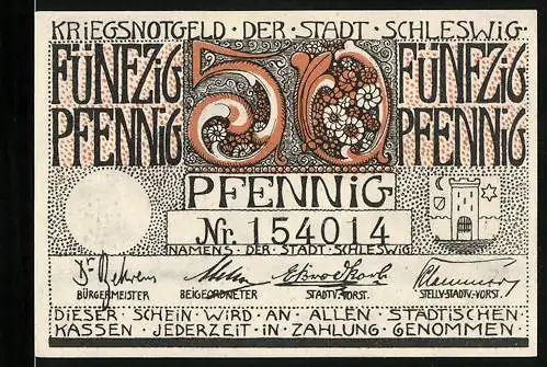 Notgeld Schleswig 1920, 50 Pfennig, Schlossansicht, Blumenmuster