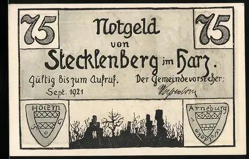 Notgeld Stecklenberg im Harz 1921, 75 Pfennig, Ruine, Ritter der Burg