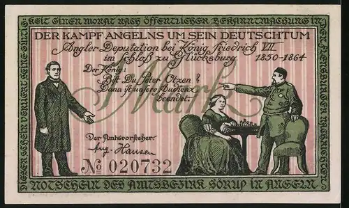 Notgeld Sörup in Angeln 1919, 1 Mark, Kirche, Gründer mit Fahne, Angler Deputation bei König Friedrich VII
