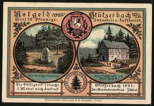 Notgeld Stützerbach w. A. 1921, 75 Pfennig, Der Dreiherrenstein, Alte Schmiede am Auerhahn