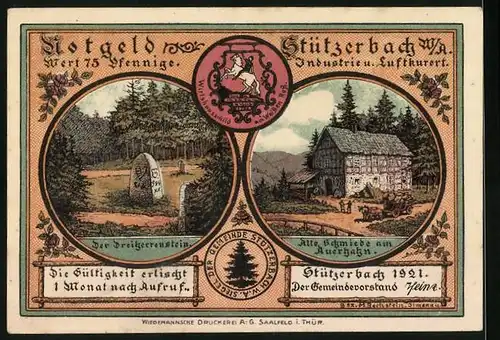 Notgeld Stützerbach w. A. 1921, 75 Pfennig, Alte Schmiede am Auerhahn, Blaserohr-Vogelschiessen