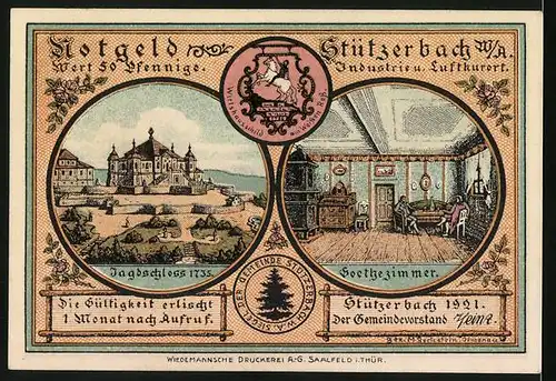 Notgeld Stützerbach w. A. 1921, 50 Pfennig, Nachtlager im finsteren Loch, Jagdschloss