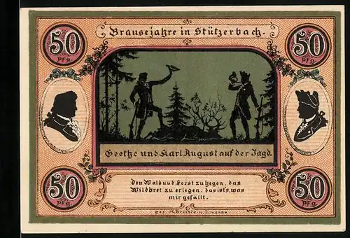 Notgeld Stützerbach 1921, 50 Pfennig, Goethe und Karl August auf der Jagd, Goethezimmer