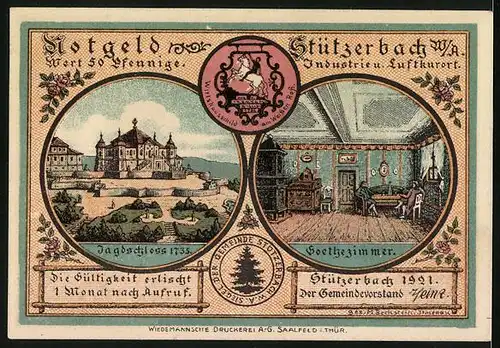 Notgeld Stützerbach 1921, 50 Pfennig, Goethe und Karl August auf der Jagd, Goethezimmer