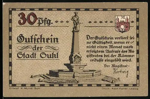 Notgeld Suhl, 30 Pfennig, Soldaten mit Gewehren, Denkmal
