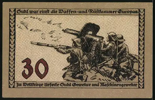 Notgeld Suhl, 30 Pfennig, Soldaten mit Gewehren, Denkmal