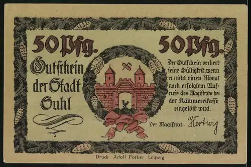 Notgeld Suhl, 50 Pfennig, Stadttor, Platz mit Denkmal