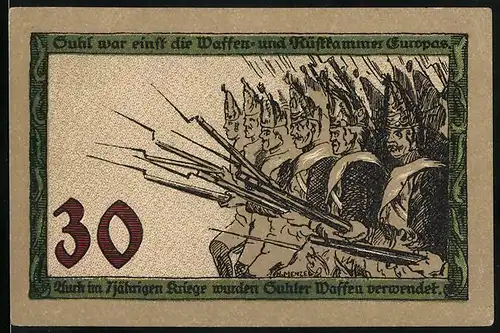 Notgeld Suhl, 30 Pfennig, Soldate ziehen in den Kampf, Denkmal
