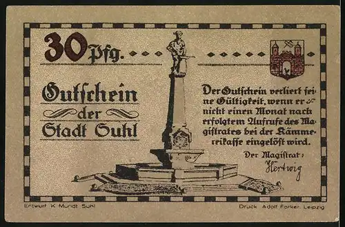 Notgeld Suhl, 30 Pfennig, Soldate ziehen in den Kampf, Denkmal