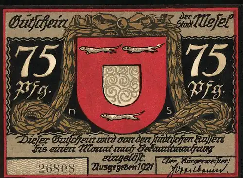 Notgeld Wesel 1921, 75 Pfennig, Die Erschiessung, Wappen