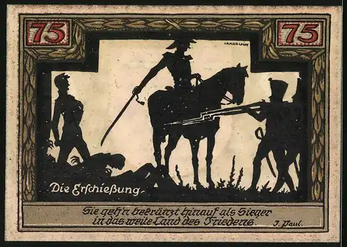 Notgeld Wesel 1921, 75 Pfennig, Die Erschiessung, Wappen