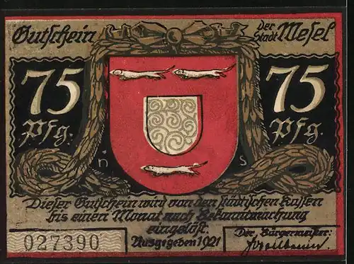 Notgeld Wesel 1921, 75 Pfennig, Der letzte Gang, Wappen