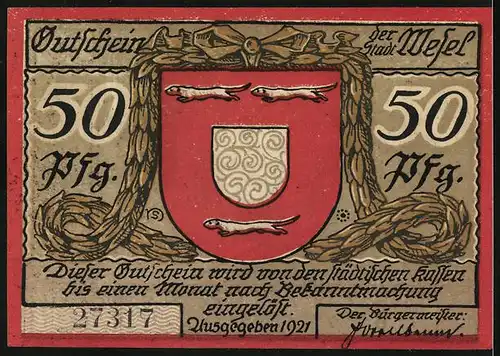 Notgeld Wesel 1921, 50 Pfennig, Zitadelltor mit Schill-Kasematte