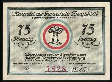 Notgeld Tangstedt, 75 Pfennig, Wulfsmühle, Pavillon mit Springbrunnen