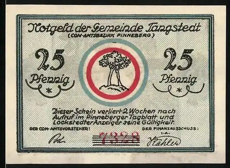 Notgeld Tangstedt, 25 Pfennig, Gut Wolfsmühle, hochgewachsene Bäume