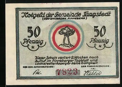 Notgeld Tangstedt, 50 Pfennig, Schule, hochgewachsene Bäume