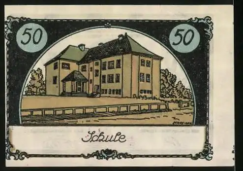 Notgeld Tangstedt, 50 Pfennig, Schule, hochgewachsene Bäume