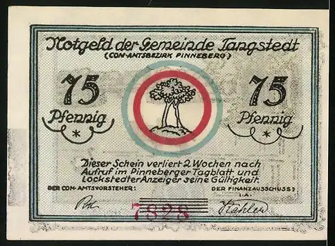 Notgeld Tangstedt, 75 Pfennig, Mühlenteich Wulfsmühle mit Schwan und Ruderboot