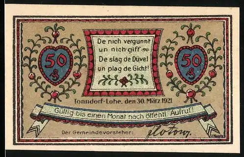 Notgeld Tonndorf-Lohe 1921, 50 Pfennig, Wandsefall, De nich vergunnt...