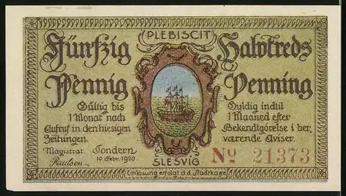 Notgeld Tondern 1920, 50 Pfennig, Hirte bei Sonnenaufgang, Schiff auf dem Meer