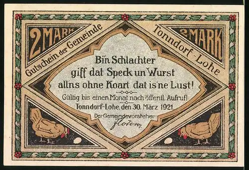Notgeld Tonndorf-Lohe 1921, 2 Mark, Bauer mit Schwein und Hahn
