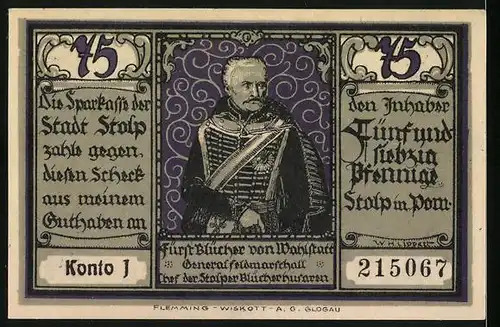 Notgeld Stolp, 75 Pfennig, General Feldmarschall, Blücher an der Karzbach