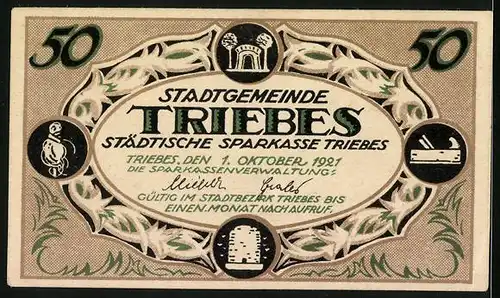 Notgeld Triebes 1921, 50 Pfennig, Ansicht der Kirche