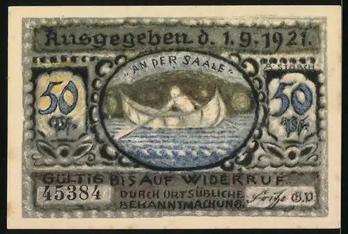 Notgeld Volkstedt S.A. 1921, 50 Pfennig, Ruderboot an der Saale