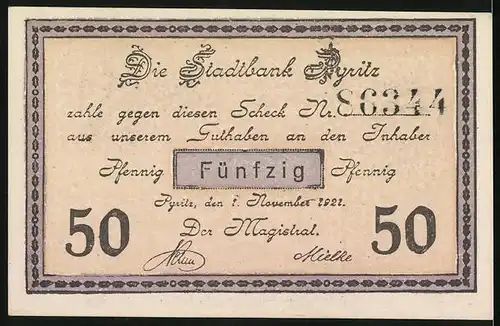 Notgeld Pyritz 1921, 50 Pfennig, Stadttor mit Greif