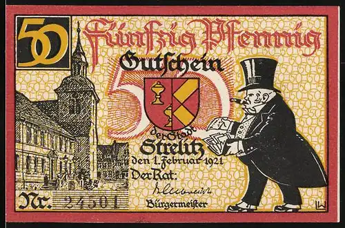 Notgeld Strelitz 1921, 50 Pfennig, Bürgermeister und Wappen, Kirche