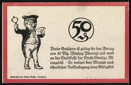 Notgeld Strelitz 1921, 50 Pfennig, Bürgermeister und Wappen, Kirche