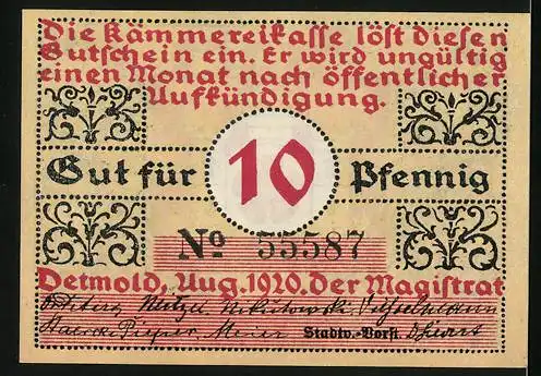 Notgeld Detmold 1920, 10 Pfennig, Stadtmauer mit Blume