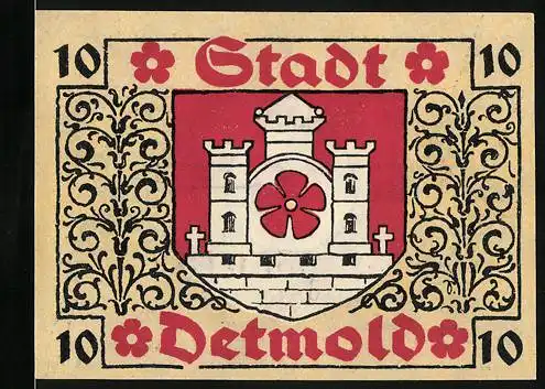 Notgeld Detmold 1920, 10 Pfennig, Stadtschloss mit Blume